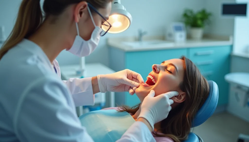 Bruksizm muayenesi sirasinda dis hekimi cene kaslarini degerlendiriyor, dis sikma ve gicirdatma tanisi